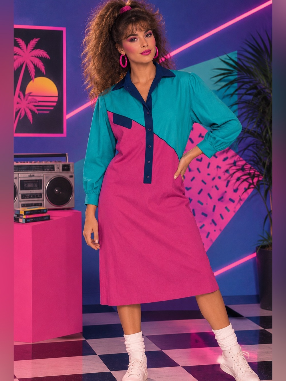 80’s vintage Colorblock Shirt Dress in Teal and Magenta